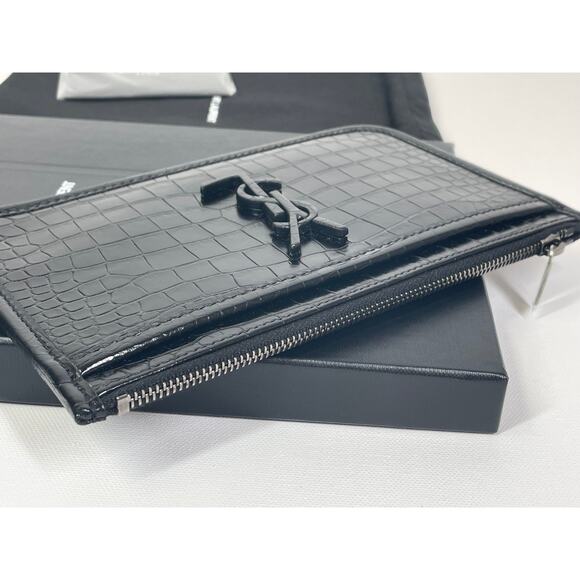 NEW! SAINT LAURENT CROC BLACK LEATHER ZIP YSL POUCH BAG WALLET CARD HOLDER BOX! - Picture 5 of 8